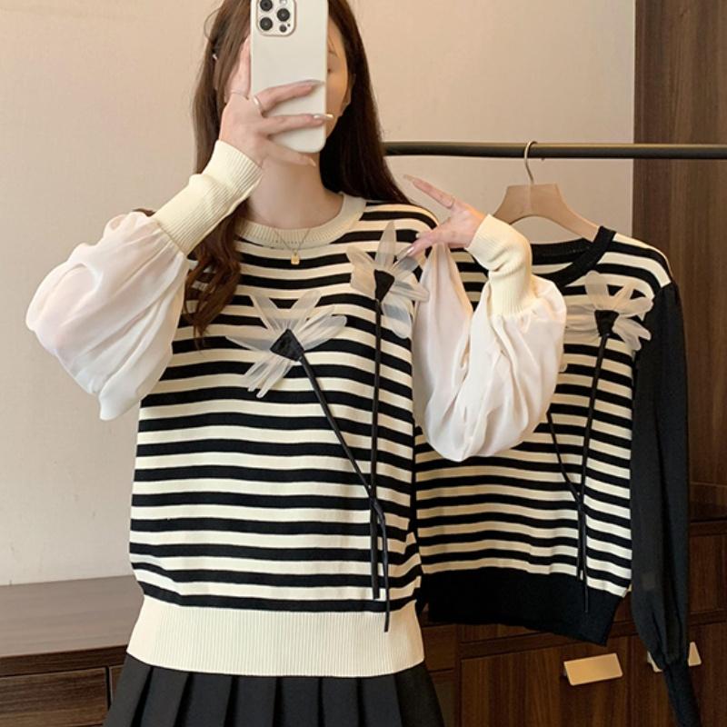 Modischer Herbst- und Winter-Neuer 3D-Blumen-Gestreifter Langarm-Gespleißter Strickpullover