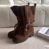 Retro Martin Boots Women's New Autumn Versatile Thick Heel Medium Tube Knight Boots Strap Round Head Western Short Boots