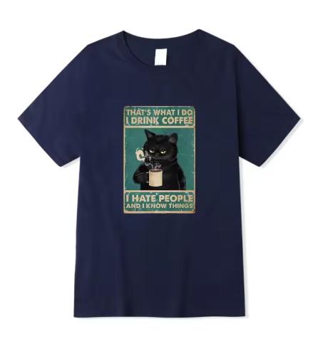 Unisexs Tshirt High Quality Cotton Blend Funny Cat Drinking Coffee Printing Summer Casual Cool Loose Unisex Oneck Tshirt Male Tops
