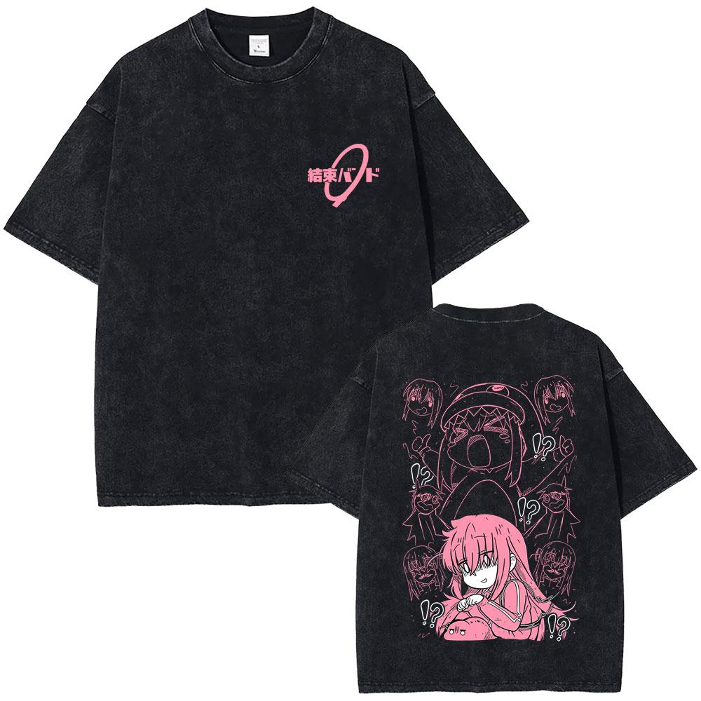 Gewaschenes Vintage Anime Bocchi The Rock Gotoh Hitori Grafik T-Shirt Herren Damen Freizeit Baumwolle Übergroße T-Shirts Streetwear Unisex