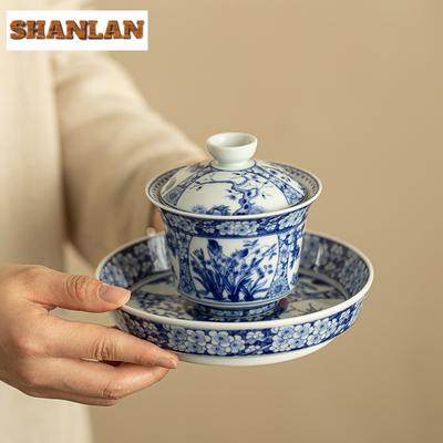 170ml Jingdezhen Antiek Blauw en Wit Gaiwan Esthetische Twaalf Goden van Bloemen Thee Terrine Thee Maken Deksel Kom Cafés Thee Ambacht