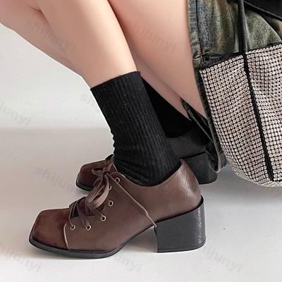 Spring New Niche Thick Heigh Heeled Retro Designed Women's Korean Version Lace Up Square Toe Fashion Splicing Single Shoes