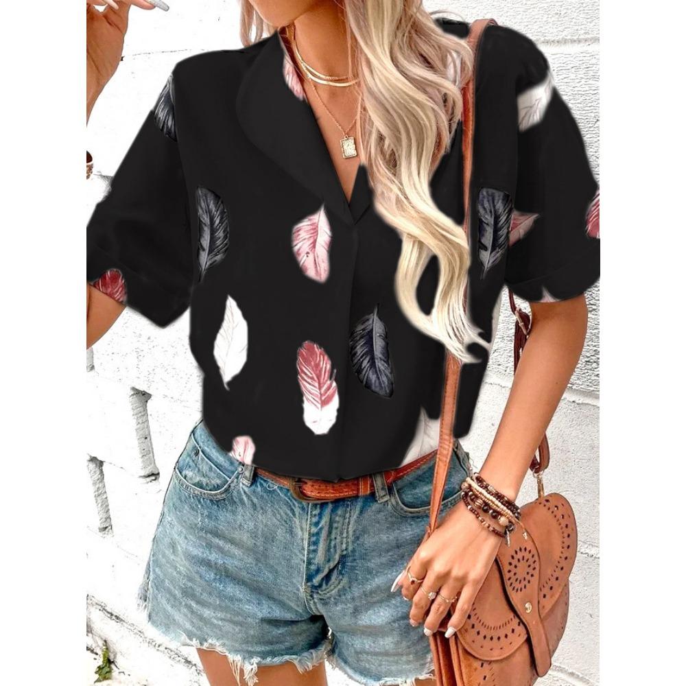 Summer Lapel Feather Shirt Short Sleeve Shirt