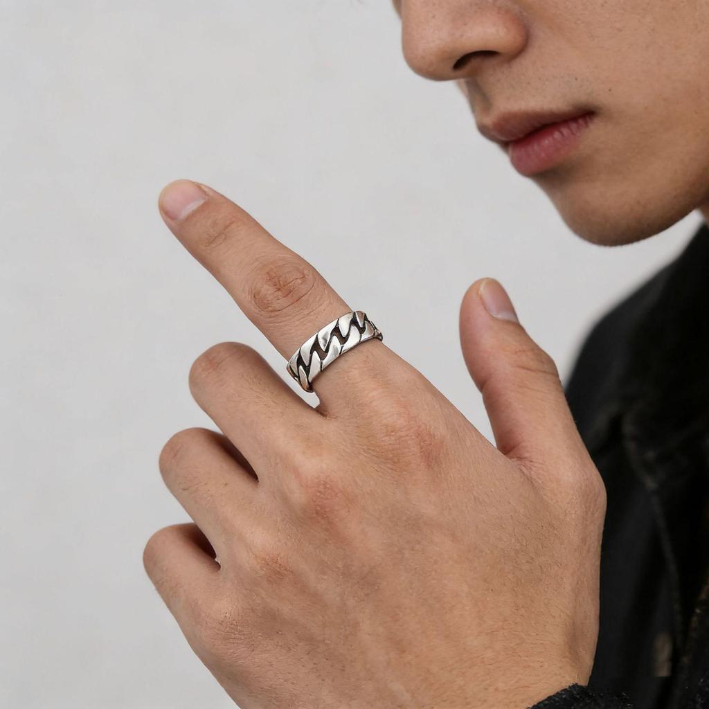 CaiYi S925 Sterling Silver Twist Chain Ring - Trendy Unisex Design
