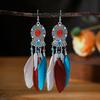 Bohemian Ethnic Long Drop Feather Earrings For Women Beads Handmade Enamel Boho Dangle Earrings Silver Color Jewelry Pendientes