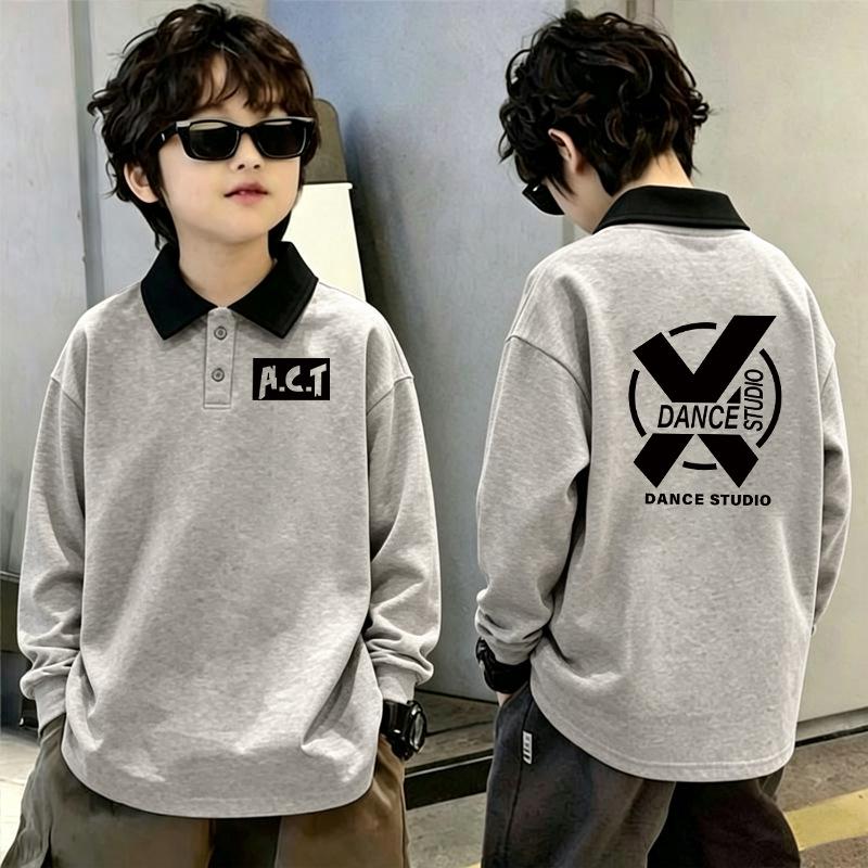 Korean Style Boys' Color Block Polo Shirt - Spring/Autumn Long Sleeve, Casual Lapel T-shirt for Middle and Big Kids