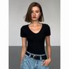 Women Summer Black V Neck Fitted Short Sleeve Basic Casual T Shirt