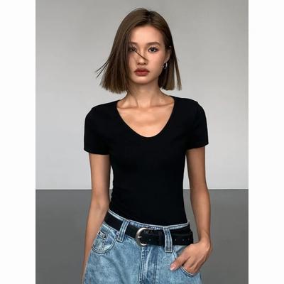 Women Summer Black V Neck Fitted Short Sleeve Basic Casual T Shirt