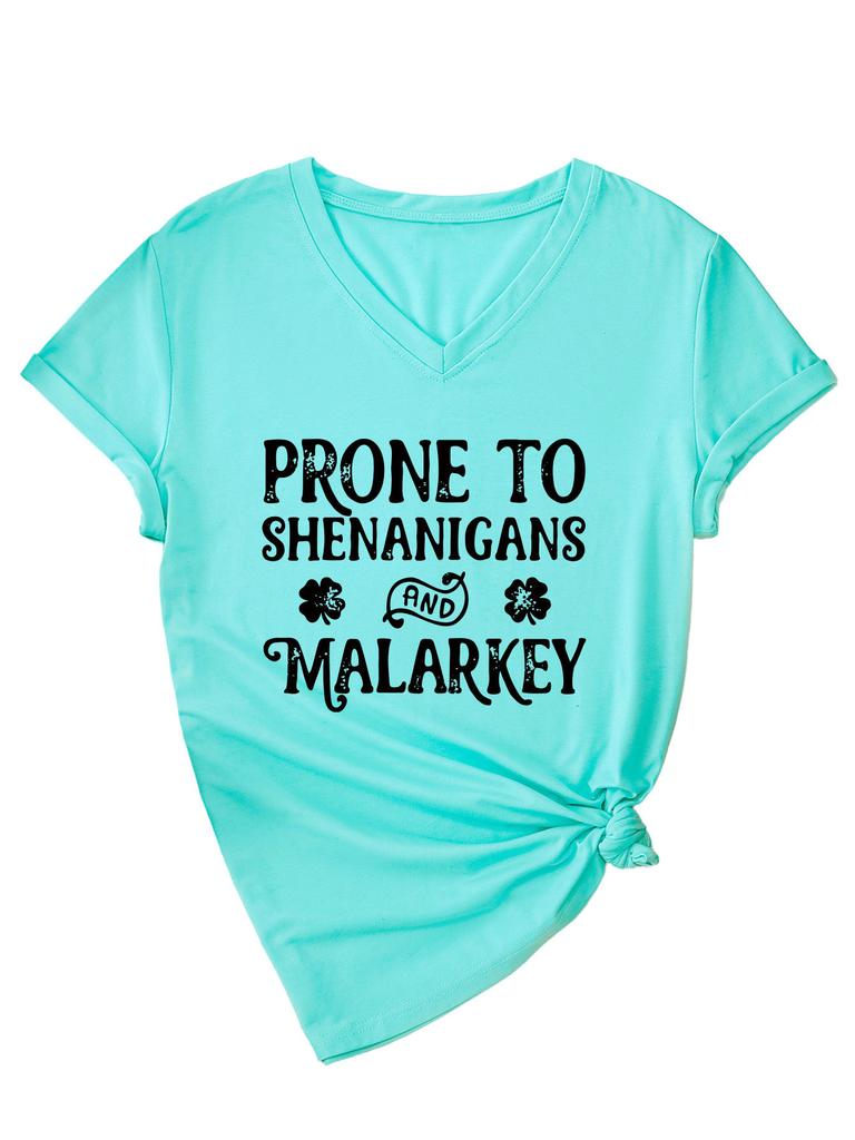 Fashionable and Versatile Prone To Shenanigans Printed Top V-neck Short Sleeved Women's T-shirts
