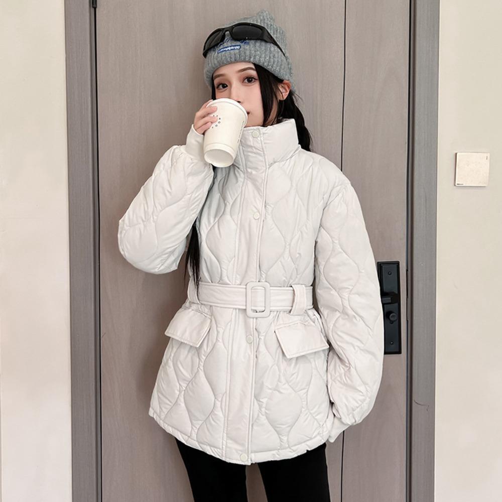 Women's Stand Collar Long Sleeve Raglan Sleeve Coat Loose Fit Casual Puffer Jacket with Belted Waist for Autumn Wear