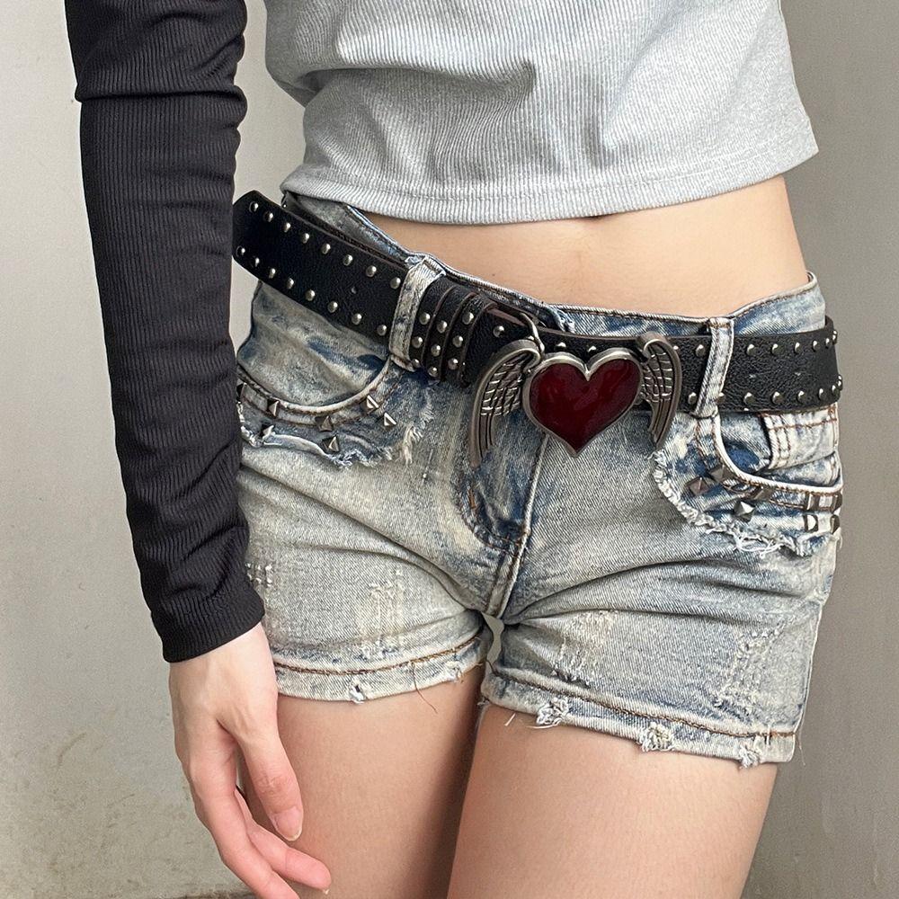 Y2k Black Rivet Belt Hip-hop Jeans Belt Vintage Heart Waistband  Men Women