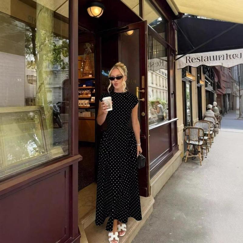 Women's Crew Neck Polka Dot Printed Maxi Dress Vintage Waist Defined