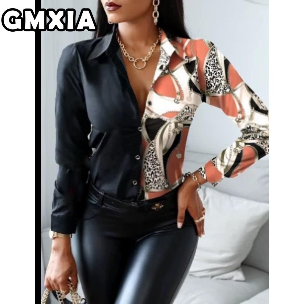 GMXIA Damenmode Lässig Freizeit Einfarbig Druck Langarm POLO Kragen Blusen & Hemden