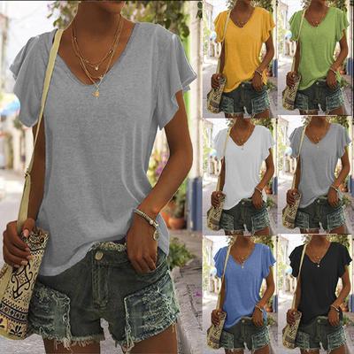 Women's Summer Basics T-Shirt Ruffled Sleeves Color Fashion V Neck Short Sleeve Loose Top