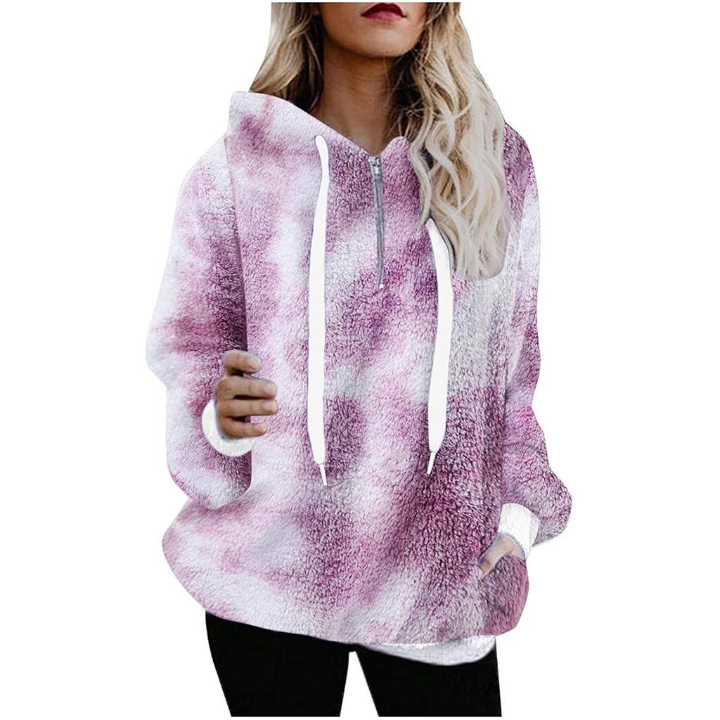 Fashion Women's Winter Casual Loose Print Plush Long Sleeve Pocket Drawstring Hooded Jacket