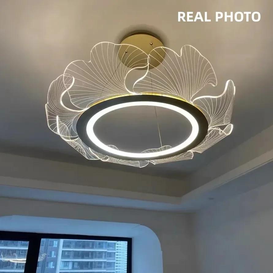 Modern Minimalism Hanging Lamp Ginkgo Acrylic Led Lustre Pendant Lights Gold Metal Dimmable Chandelier Light Living Room