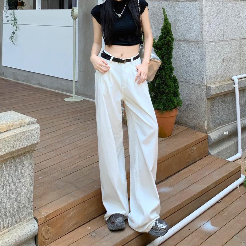 

American White Wide-Leg Pleated Jeans for Women - Autumn 2024 High-End Loose Floor-Length Pants M