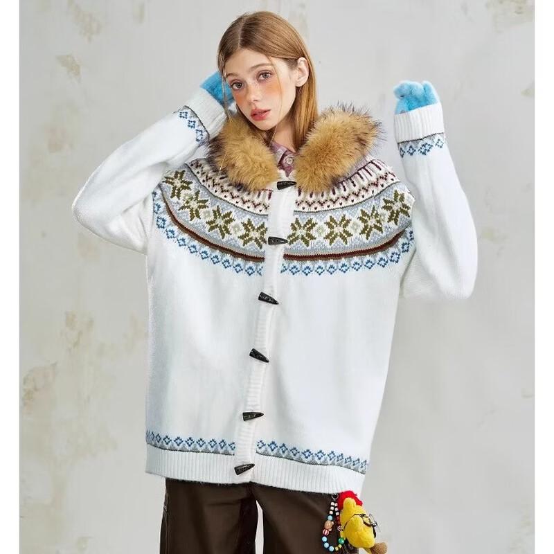 BEETLE TOWN Detachable Fur Collar Hooded Cardigan Sweater M