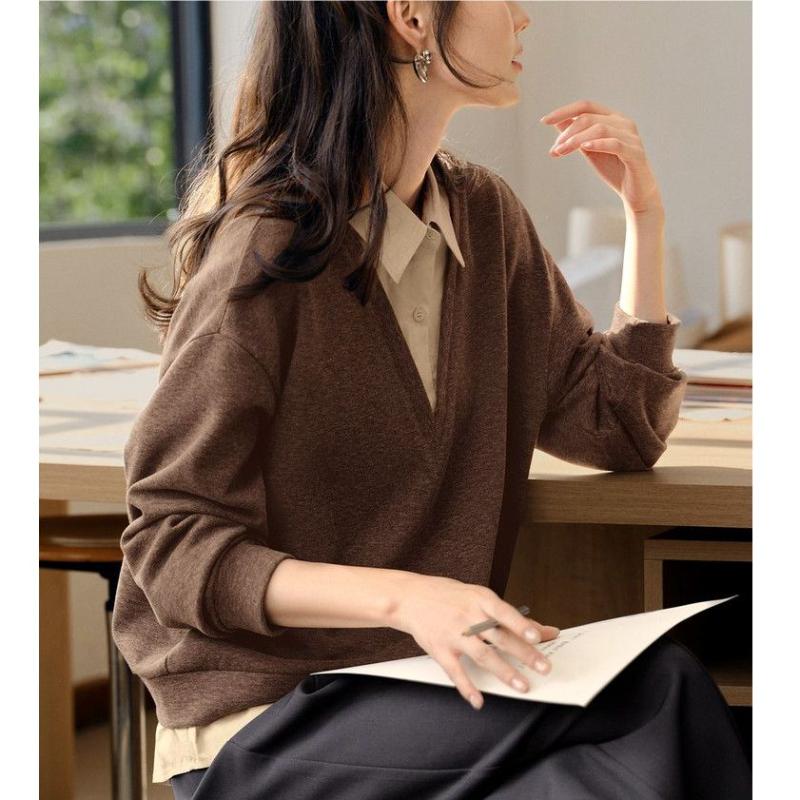 Fake Two-piece Sweatshirt for Women New Autumn Simple Design Polo Collar Contrasting Stitching Loose Casual Top