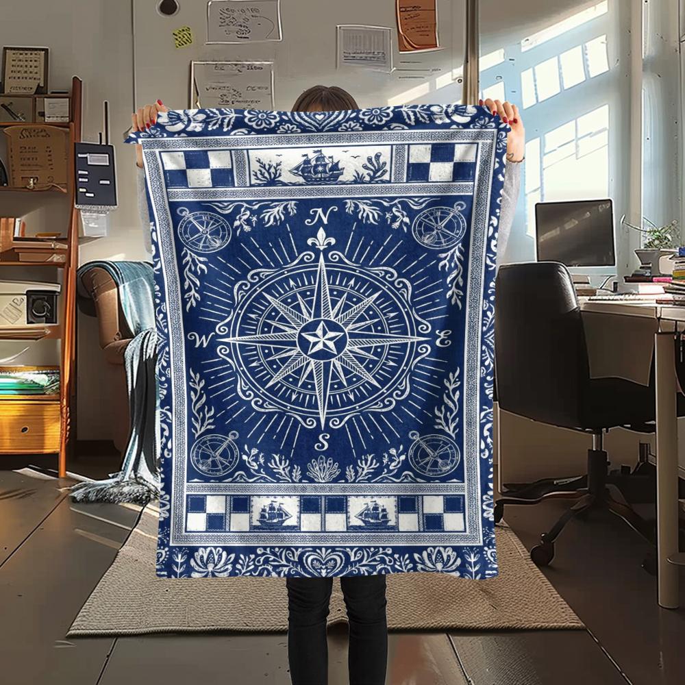 1Pc Compass Print Flannel Blanket, High Quality Comfortable for All Seasons, Home Decor, Warmth and Comfort, Perfect for Christmas Gifts W167