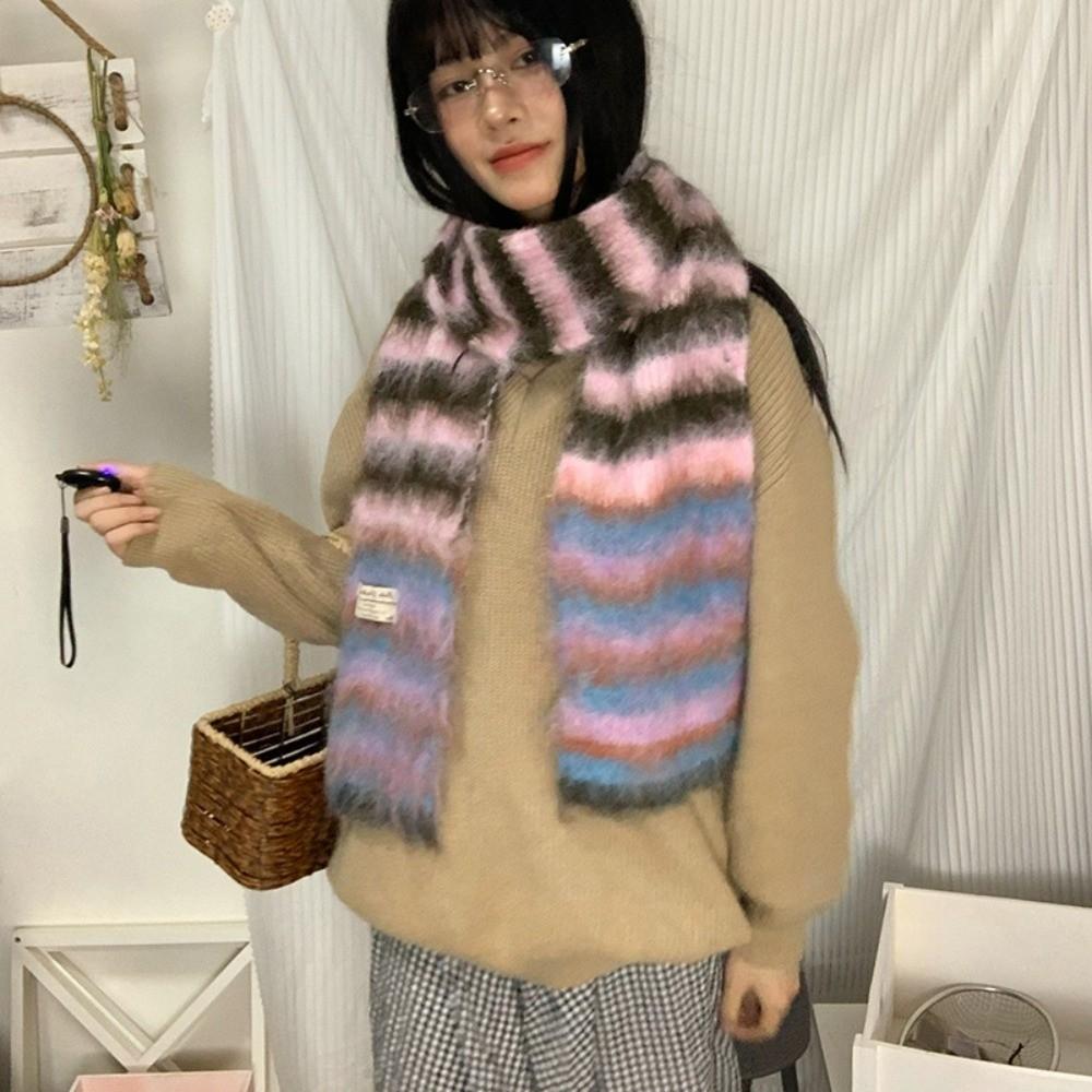 New Striped Winter Cashmere Scarf Soft Warm Woolen Scarves Mohair Rainbow Color Thickened Shawl Wrap Women