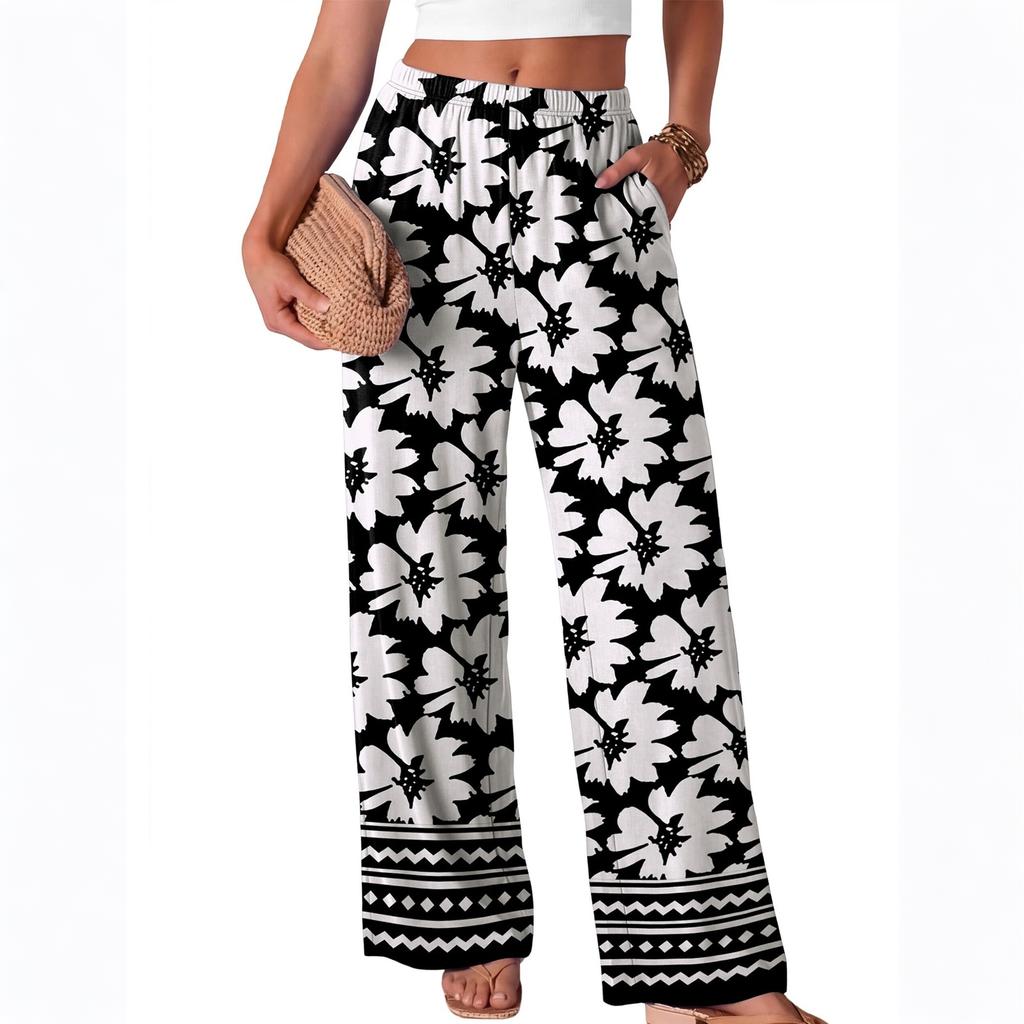 Women Loose Fit Wide Leg Trousers Casual High Waist Elastic Waistband Printed Long Pants for Everyday Wear