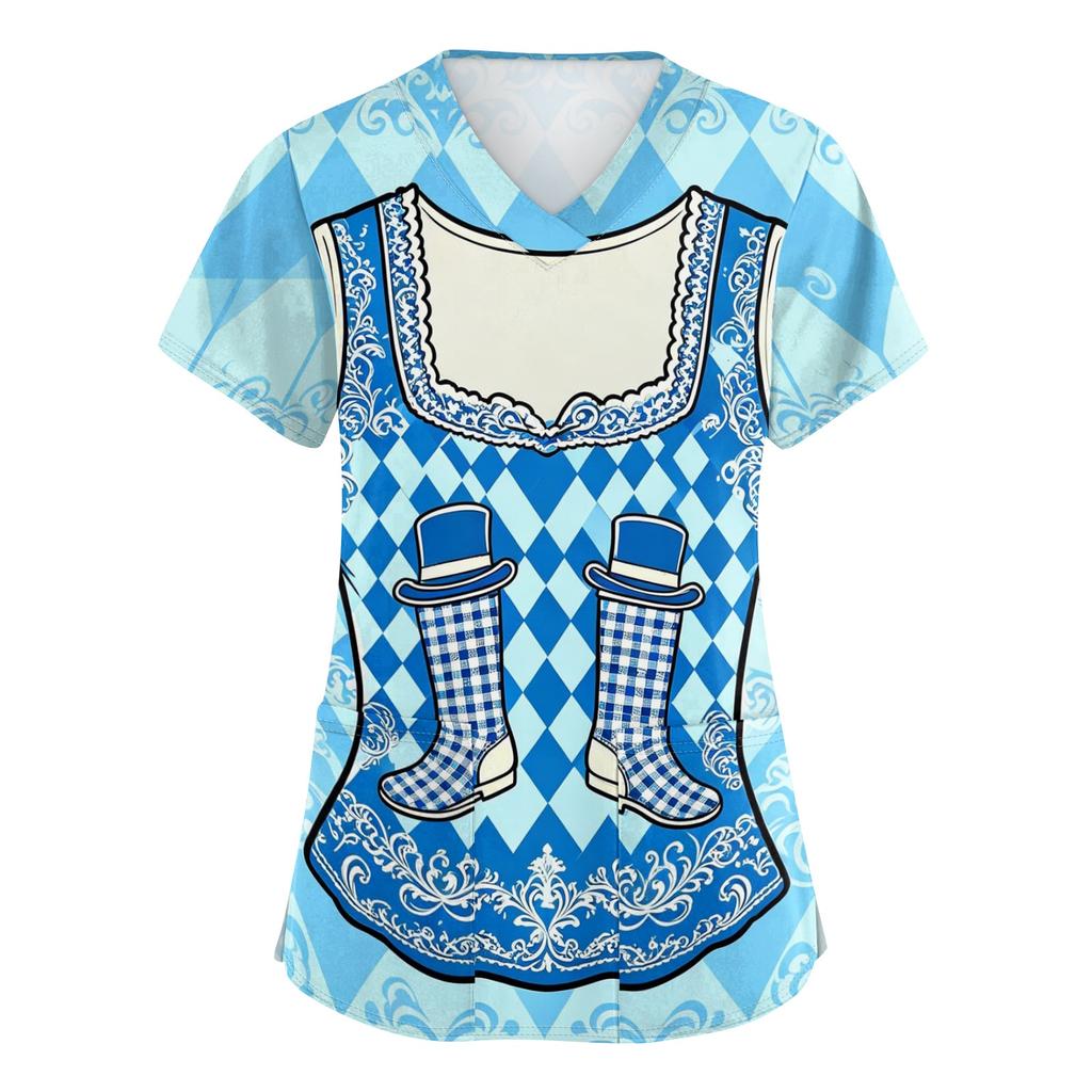 Women's V Neck Short Sleeve Work Shirt with Pockets Oktoberfest Print Nursing Scrub Top Comfortable Fit Lightweight Fabric
