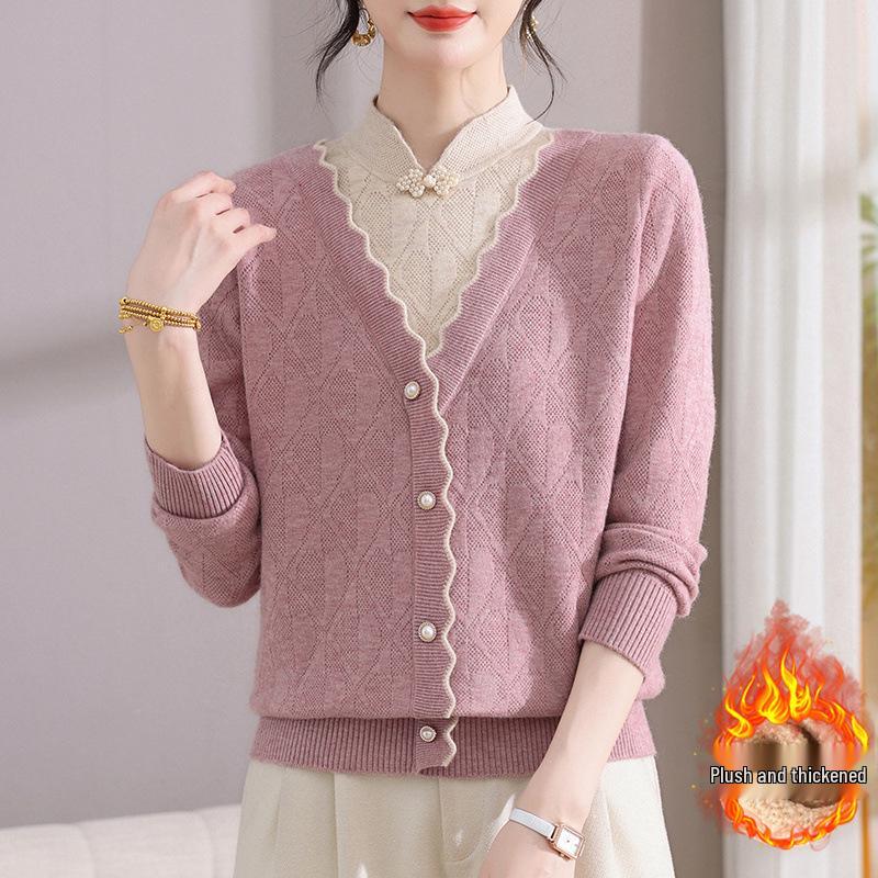 

Mom s Winter Velvet Qipao Collar Sweater: Two-Piece Top for Middle-Aged and Elderly Women XL (suggested for 45-55 kg)