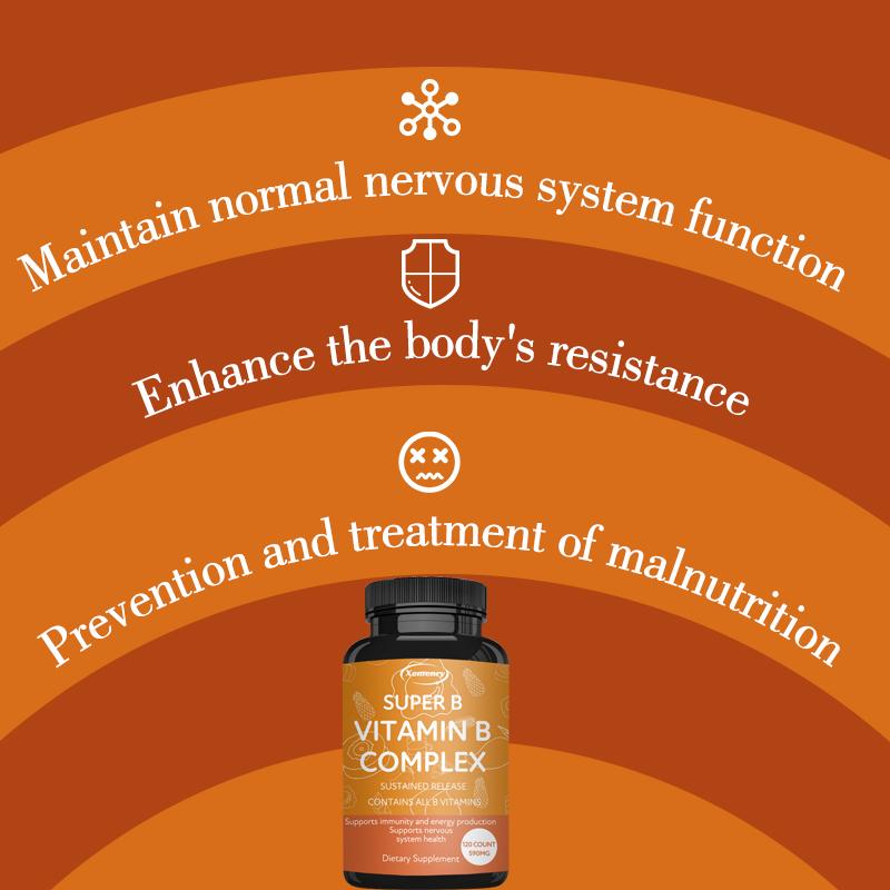 B-complex vitamin capsules, B-complex nutrition, adult dietary supplements, suitable for both men and women.