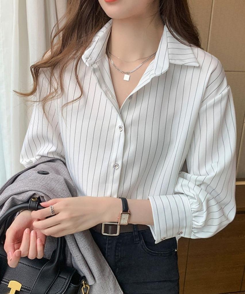 Pangenee Beautiful Striped Blouse with Office Top for and Fall 3/4 Sleeves, Soft, Slimming, Elegant, Women, Spring, Summer, (Size L, White)