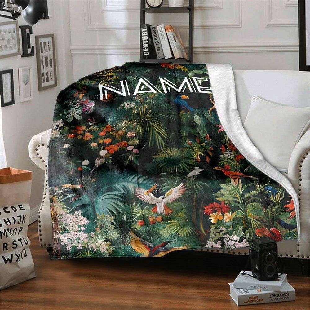 Vibrant Tropical Jungle Home Customize Your Name Blankets Featuring A Stunning Array Of Colorful Flowers And Exotic Birds Offering Unparalleled