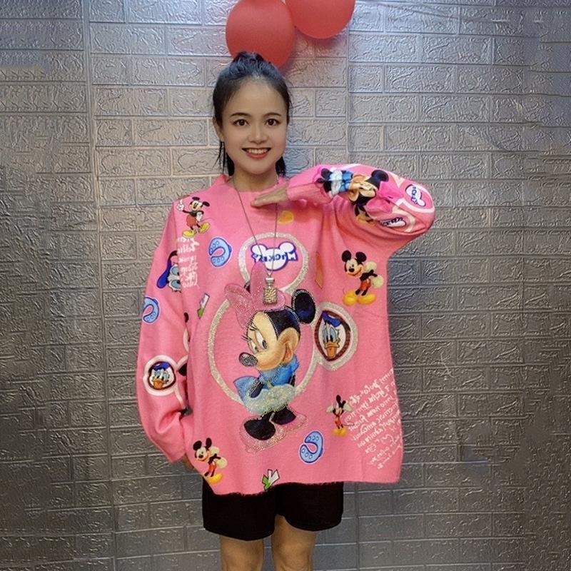 2024 European-Style Cartoon Loose Plus-Size Rhinestone Sweater for Women - Autumn/Winter Long Sleeve Knit Top
