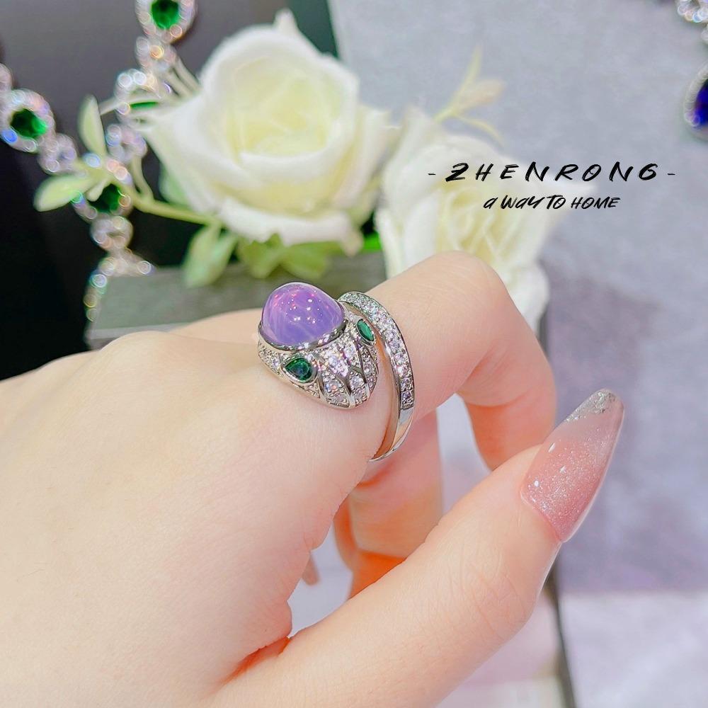 Women Jewelry Set Purple Starstone Snake Design Amethyst Pendant Open Ring Gemstone Earrings