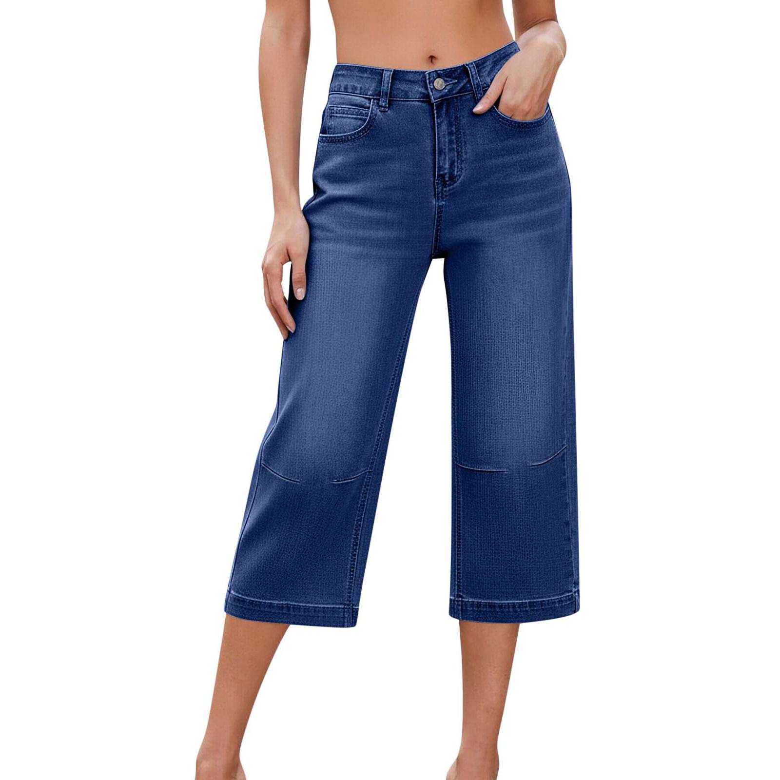 Women High Waisted Denim Capris Casual Wide Leg Cropped Jeans For With Pockets L