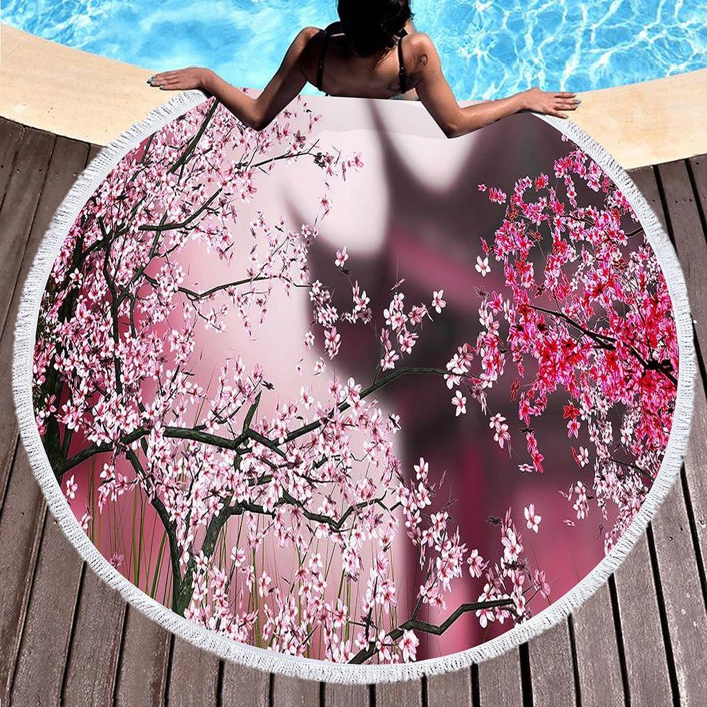 Cherry Blossom Round Beach Towel,Pink Romantic Cherry Blossom Sand Proof Beach Blanket Absorbent Quick Dry Pool Towel Picnic Mat