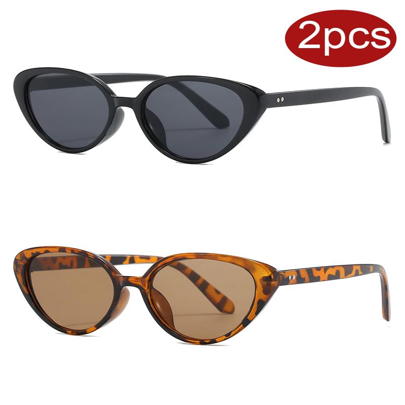2pcs Fashion New Cat Eye Sunglasses for Women Brand Designer Retro Rivets Brown Sun Glasses Female Shades UV400 Black Eyewear