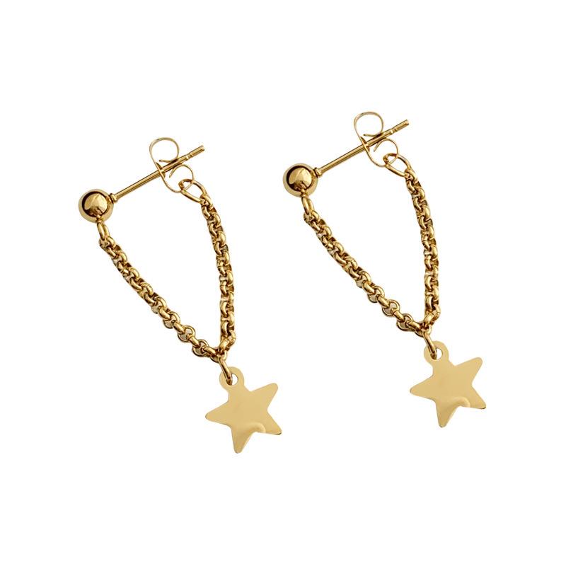 18K Gold-Plated Star Tassel Earrings for Women - Trendy Titanium Steel Chain Studs