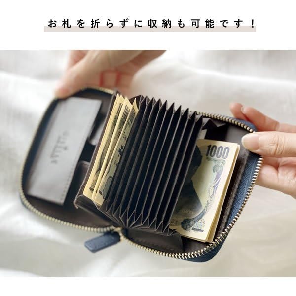 DIVA Rose Women's Bifold Wallet, Genuine Leather, Large Capacity, No Bill Folding, Accordion-Style Card Case, Box-Shaped Coin Purse (Navy)