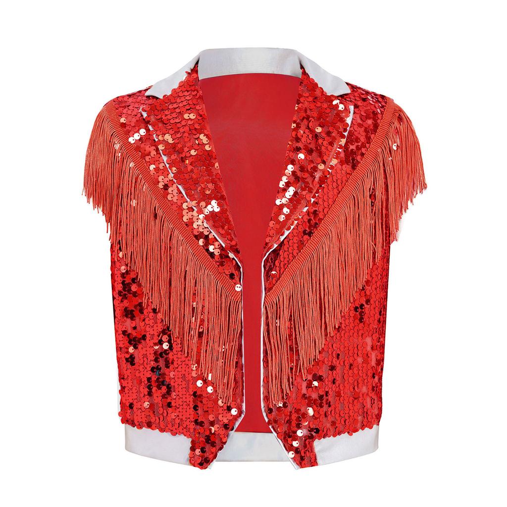 Gilet de Performance Scénique Danse Jazz pour Garçons à Franges Paillettes Scintillantes Revers de Couleur Contrastante Haut Sans Manches