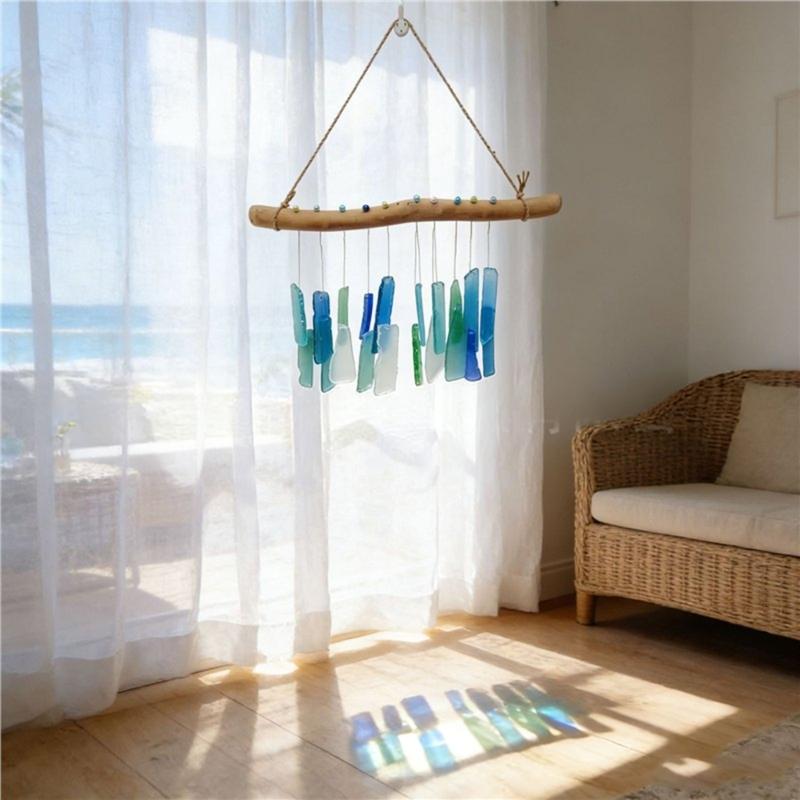 Campanelli a Vento in Vetro di Mare e Legno Galleggiante Campanelli Musicali Campanelli a Vento Artigianali Decorazioni da Appendere sulla Spiaggia Decorazione per Giardino Esterno