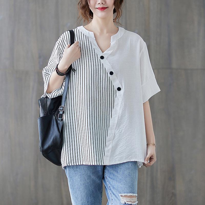 2021 Summer Plus Size V-Neck Patchwork Shirt for Women Plus Size