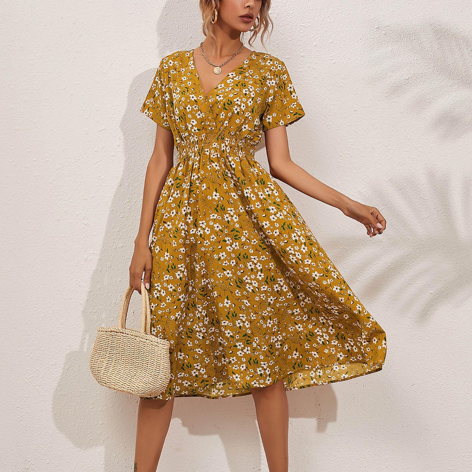 

Модная женская повседневная юбка-миди с v-образным вырезом и принтом, платье с эластичной резинкой на талии XL жёлтый