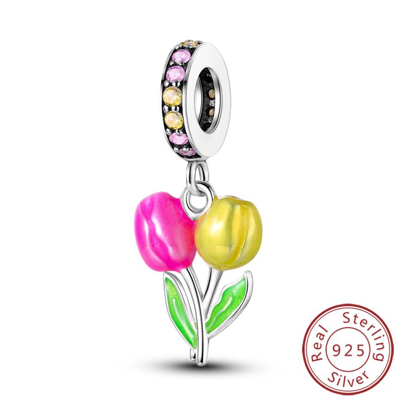 Original Copper Charms Beads Pendant Lotus Tulip Rose Carnation Flower Series Bead Fit Bracelets Women Jewelry Gift