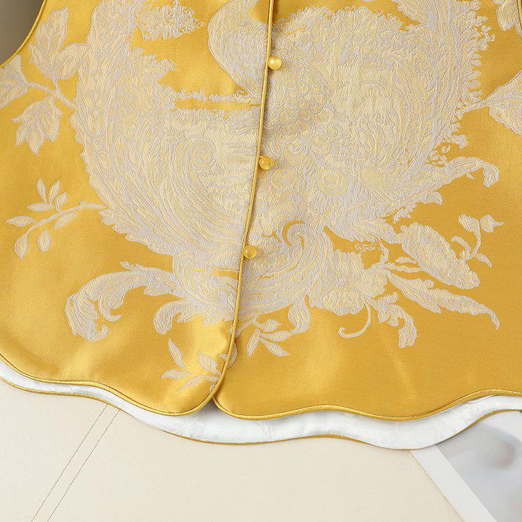 Gilet a Girocollo Rotondo Bicolore in Broccato Cinese Jacquard Ricamato con Fenice