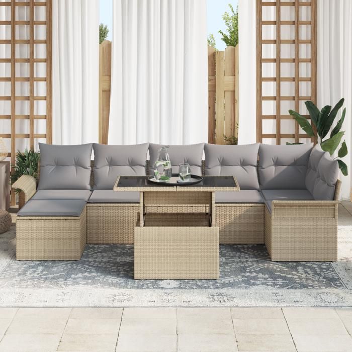 VidaXL Ensemble de jardin 8 pièces avec coussins Beige Poly Rattan 3348326