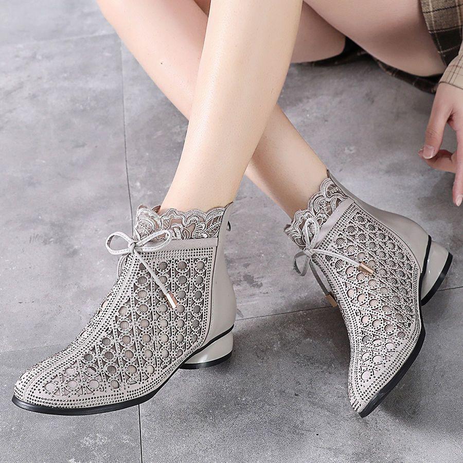 Pavasariniai Vasariniai Ankle Boots Madingi Cirkonio Sandalai Stori Kulniukai Tinklelio Batai Tuščiaviduriai Moteriški Batai