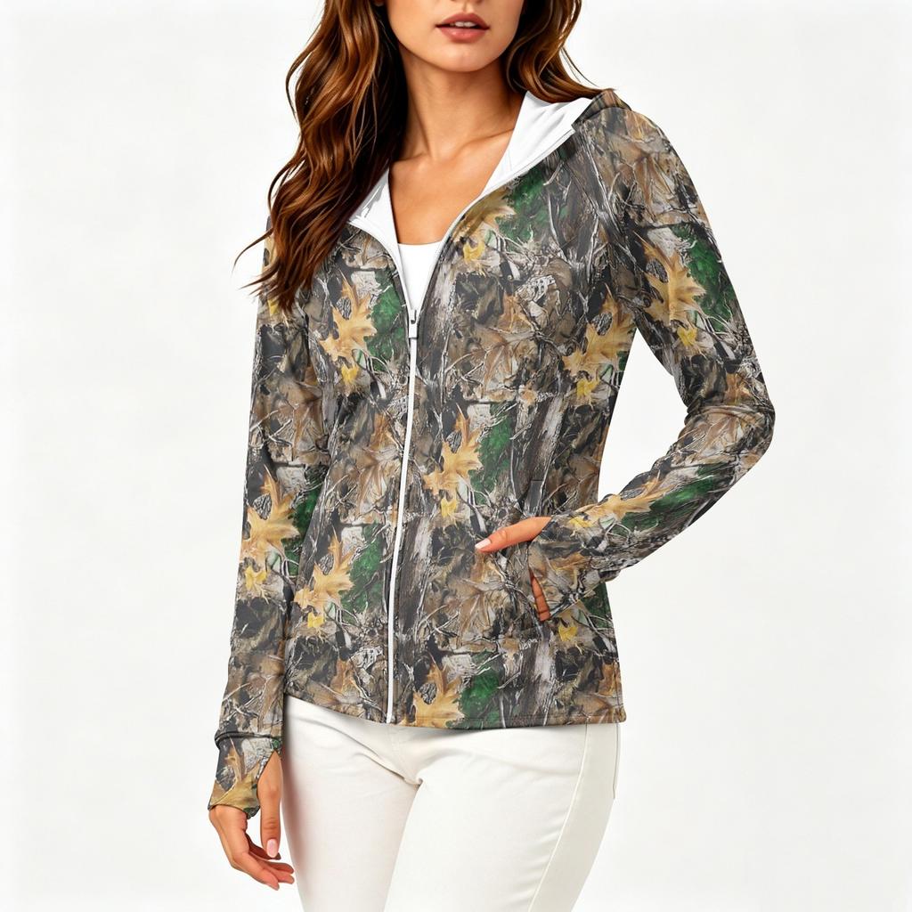 Women Lightweight Zip Up Hooded Jacket with Pockets Long Sleeve Sun Protection Printed Outdoor Activewear