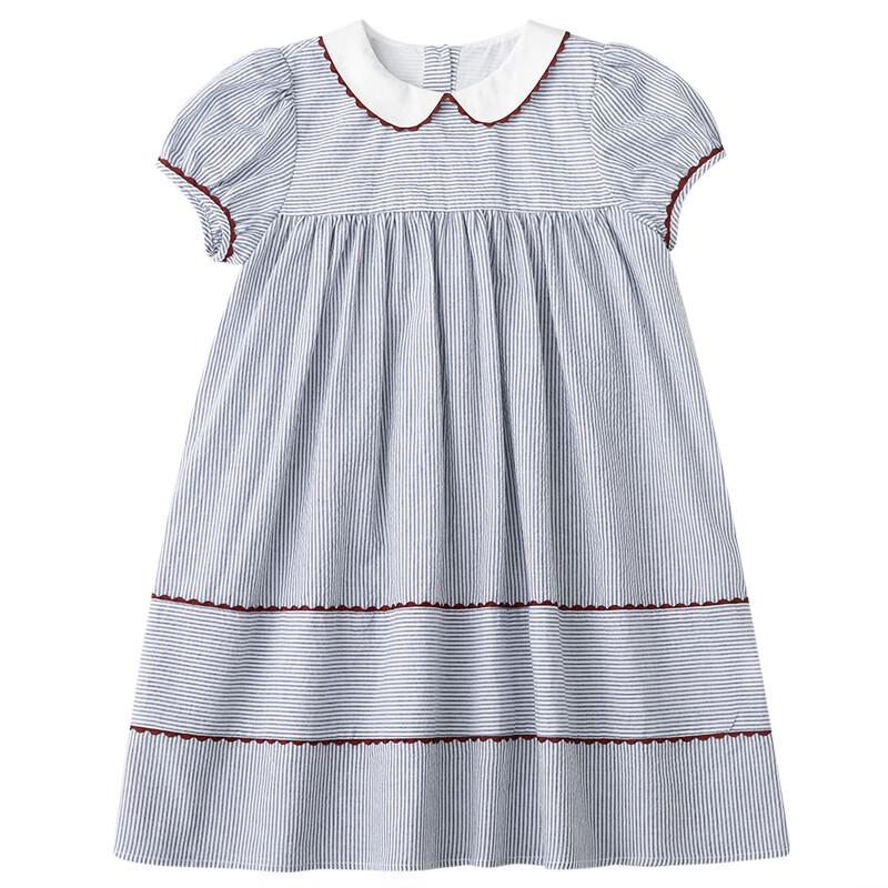 Girls' Short Sleeve Doll Collar Pleated Academy Style Dress