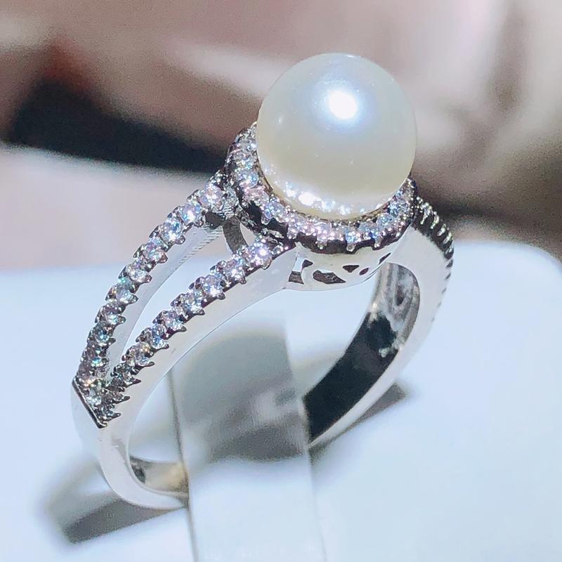 Stamp Vintage Elegant Freshwater Pearl Ring Ladies Wedding Proposal Jewelry Luxury White Zircon Jewelry Gift