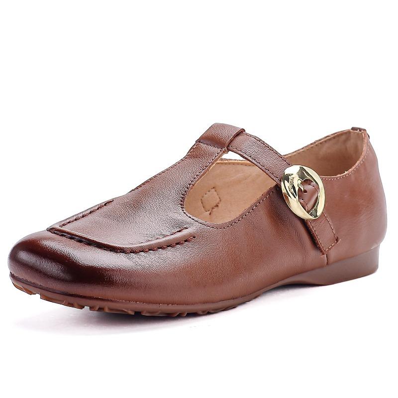 First layer cowhide single shoes spring new square head Mary Jane shoes retro literary and art fan women's shoes wide head soft sole mother shoes